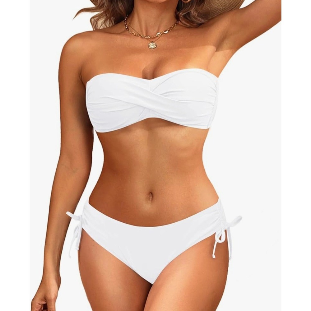Tempt Me White Twist Front Bandeau Bikini Set High Waisted Side Tie Small swim